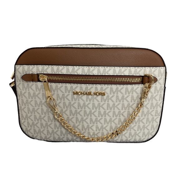 Michael Kors Crossbody Bag Jet Set Large Leather MK print logo Vanilla - Picture 2 of 11